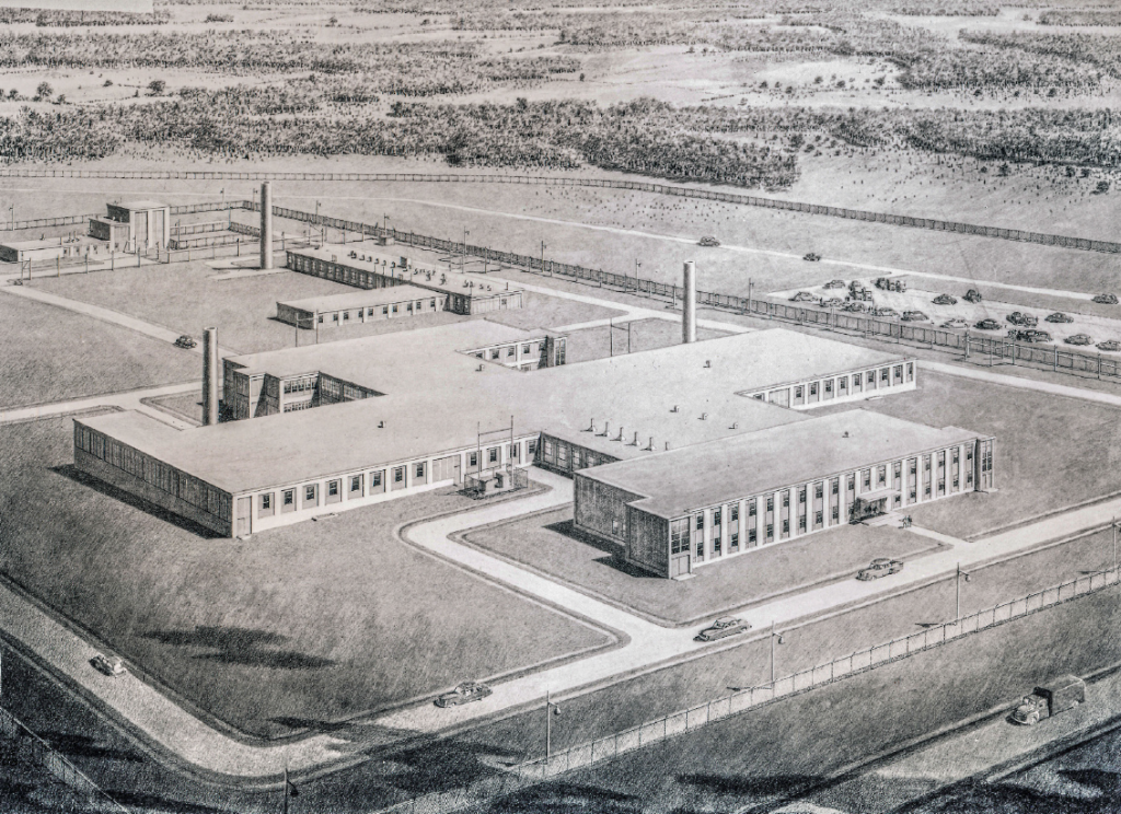 A sketch rendering of an aerial view of the 773-A building.