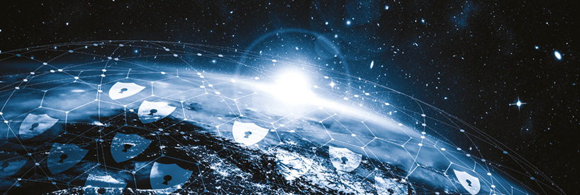 Rendering of outer space, a planet encased by a net of shields