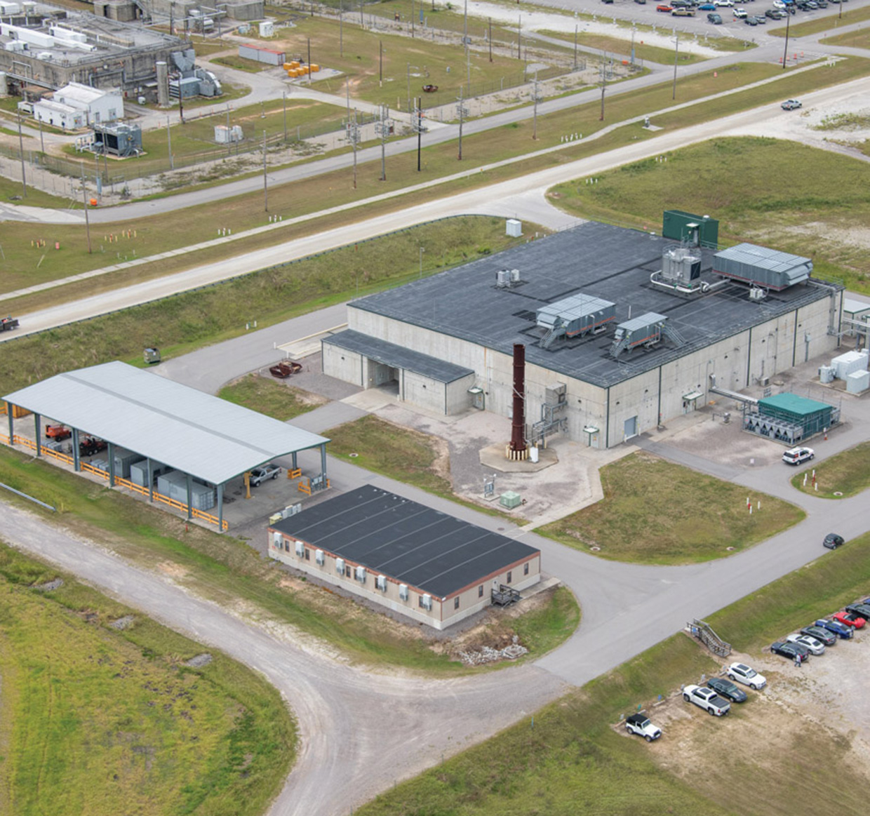 Aerial view of a building in a field