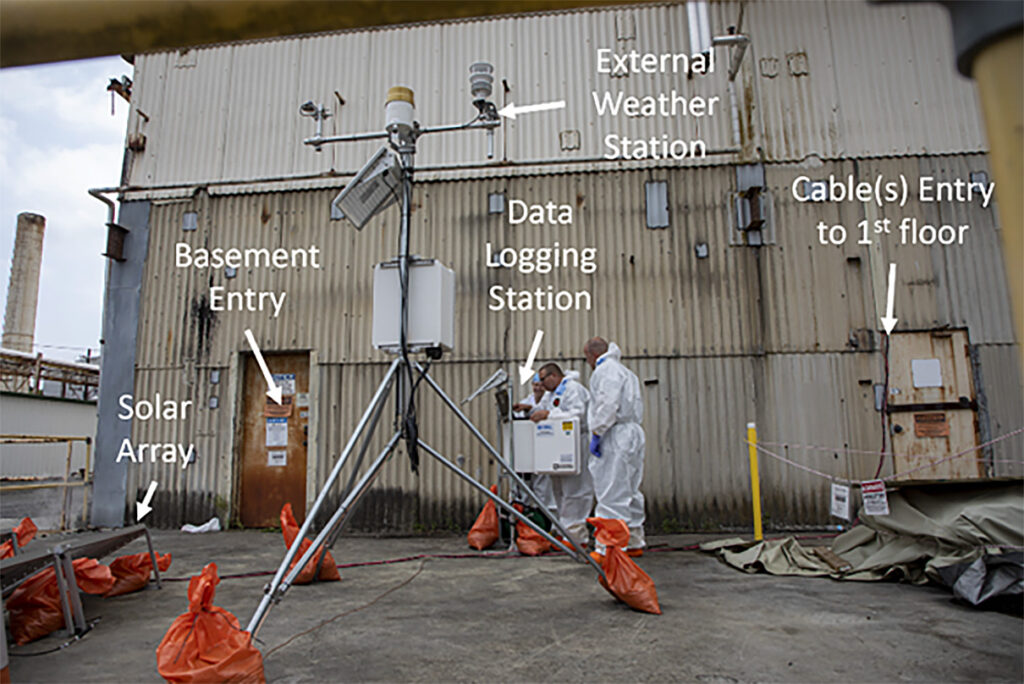 Scientists in protective gear setting up monitoring equipment outside a corrugated metal shed