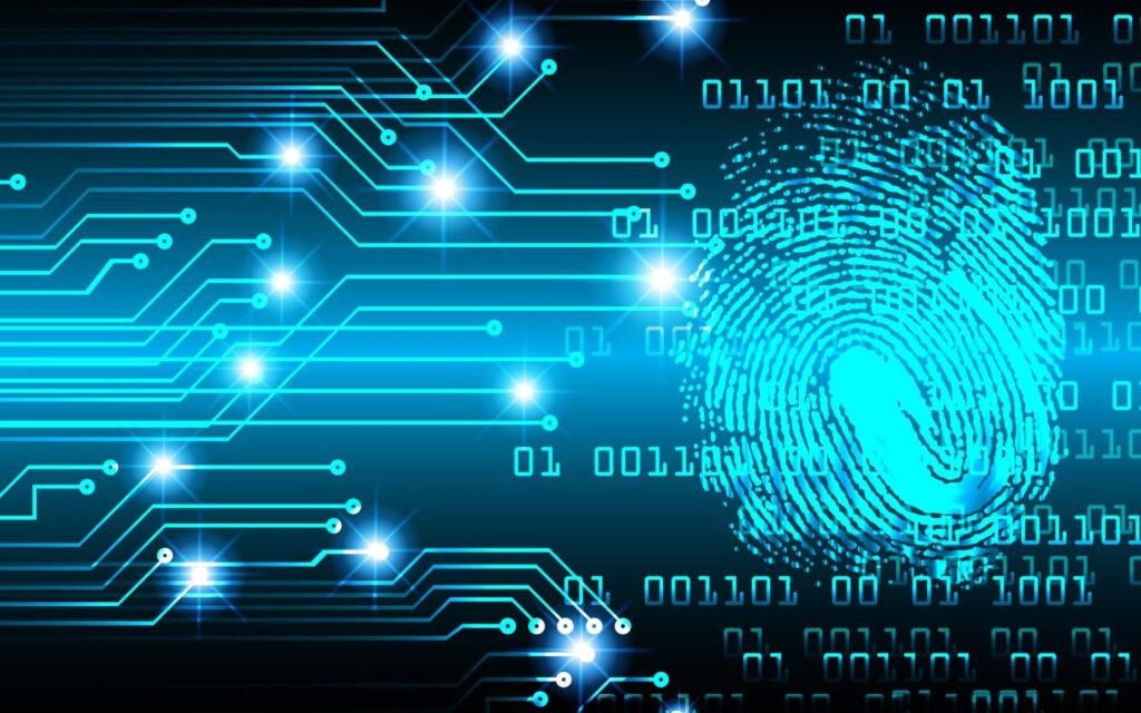 binary, digital finger print, and circuit lines all in a blue tint.