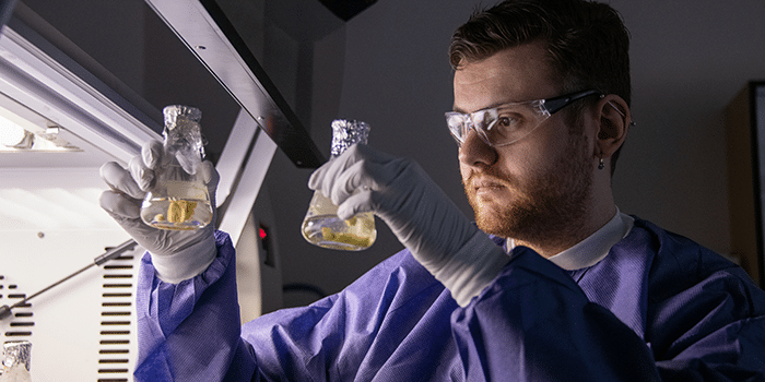 Scientist looking through two test tubes