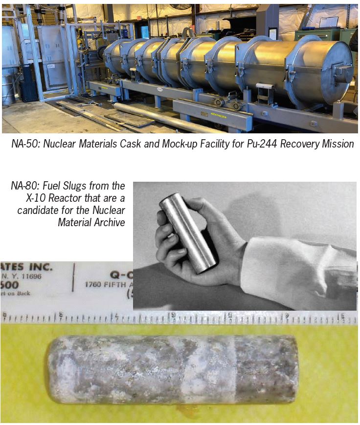 NA-50: Nuclear Materials Cask and Mock-up Facility for Pu-244 Recovery Mission. NA-80: Fuel Slugs from the X-10 Reactor that are a candidate for the Nuclear Material Archive